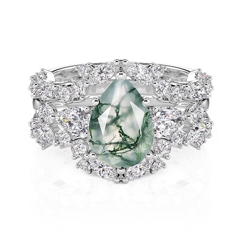 Olivetta Pear Cut Moss Agate Ring Set