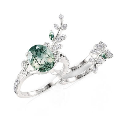 Juelvia Nature Inspired Vine Leaf Moss Agate Ring Set 2PCS