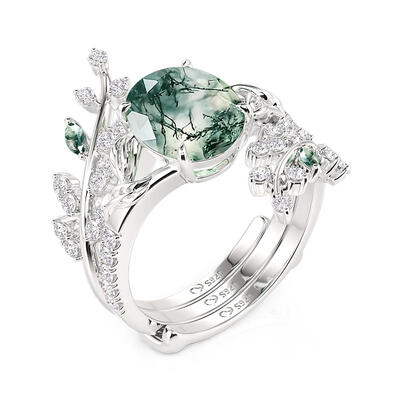 Juelvia Nature Inspired Vine Leaf Moss Agate Ring Set 2PCS