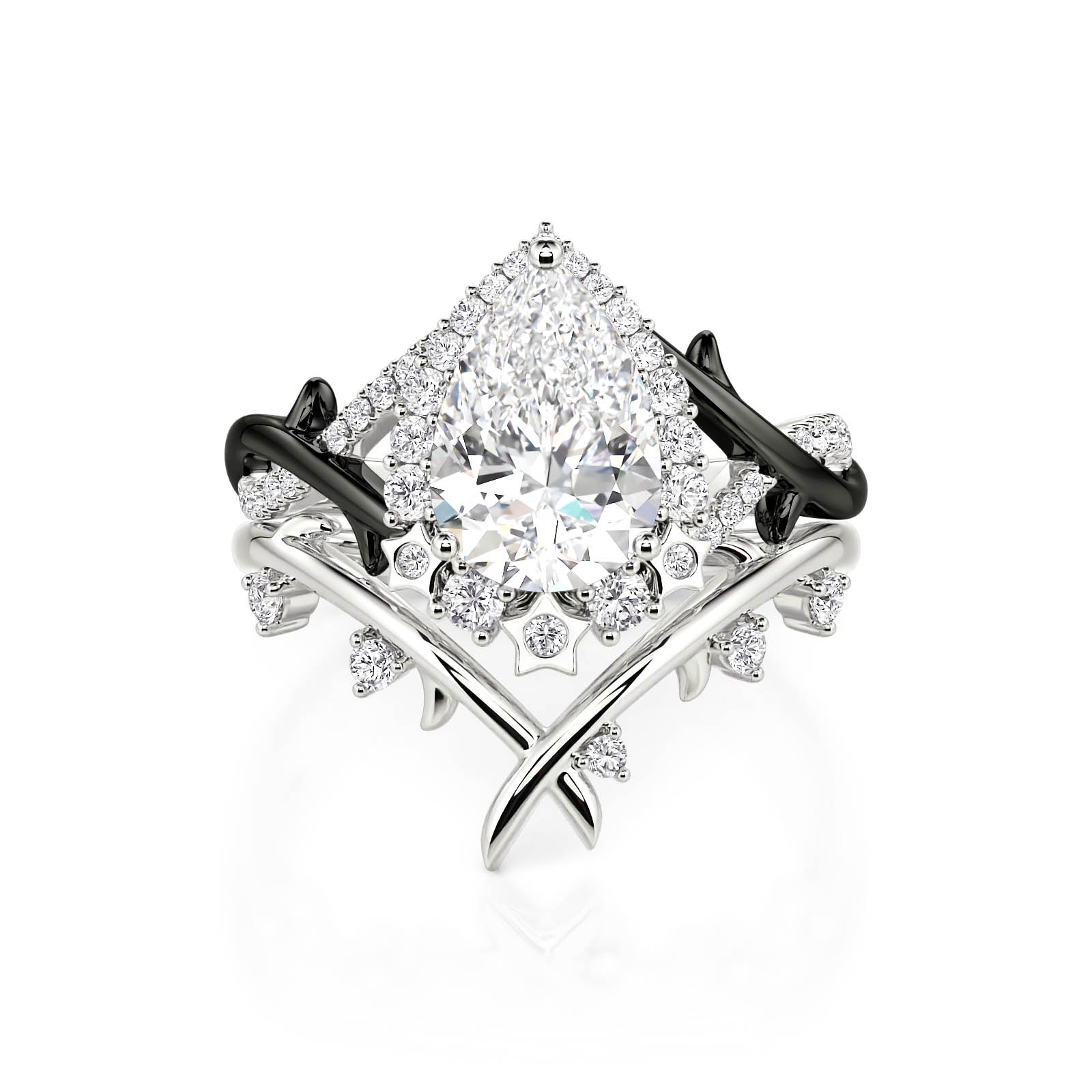 Pear Halo Thorn Engagement Ring Set with Star Accents