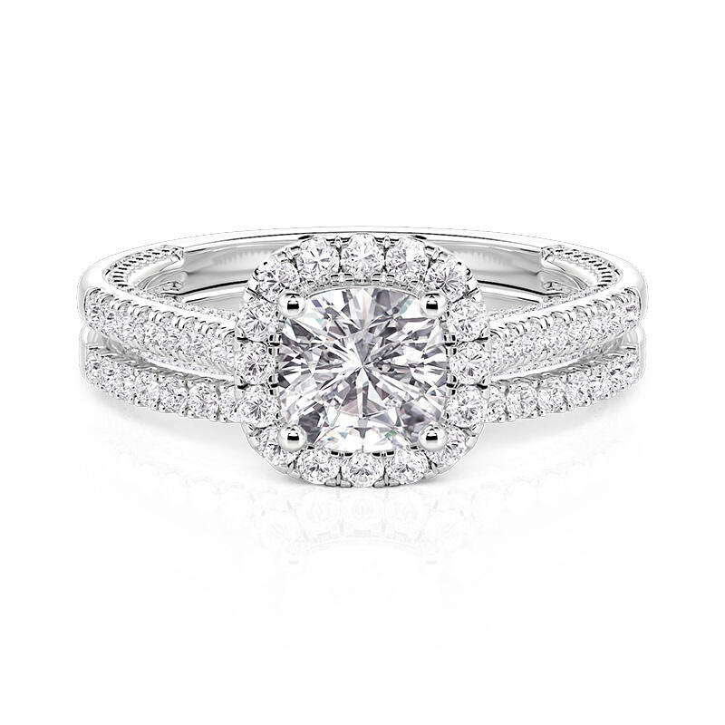 Cushion Cut Halo Eternity Engagement Ring Set 2PCS