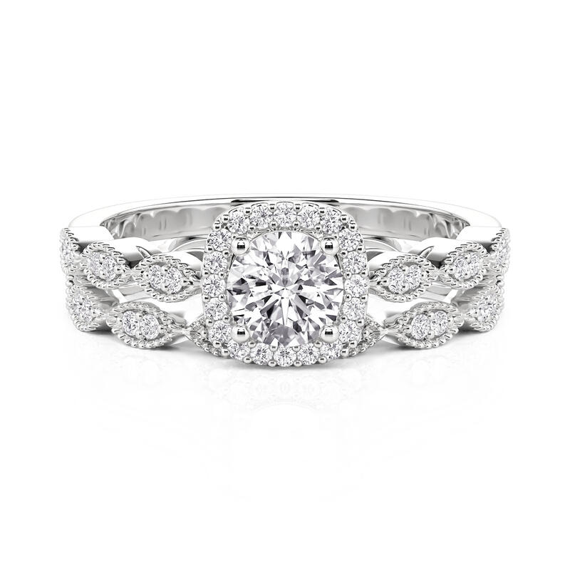 Vintage Halo Round Engagement Ring Set Sterling Silver