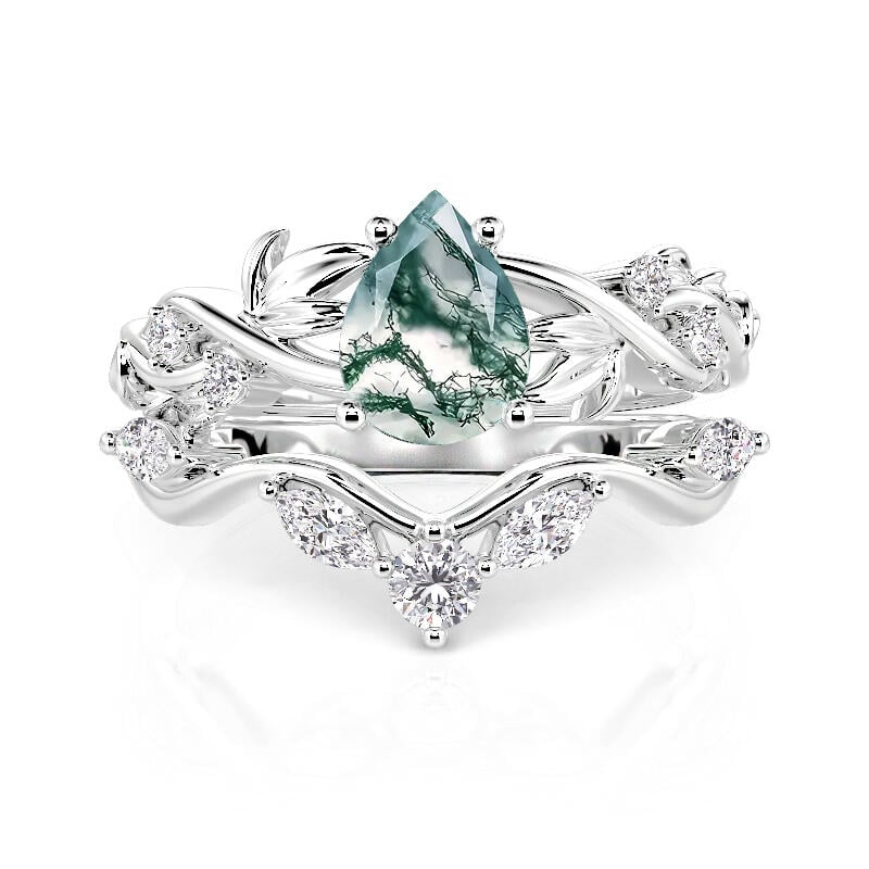Intertwined Leaf Pear Cut Moss Agate Ring Set