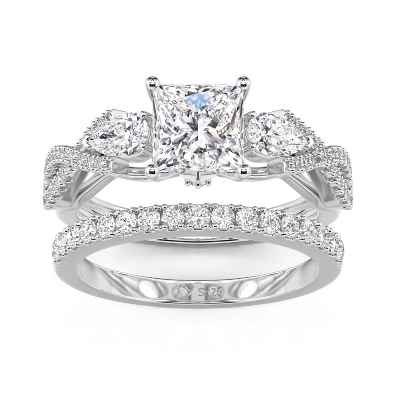 Twist Three Stone Princess Cut Engagement Ring Set