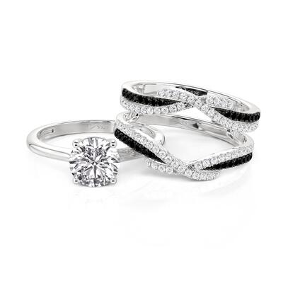 Juelvia Intertwined Black and White Round Engagement Ring Set