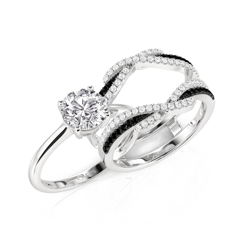 Intertwined Black and White Round Engagement Ring Set