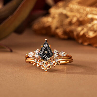 Juelvia Classic Kite Cut Black Rutilated Quartz Ring Set