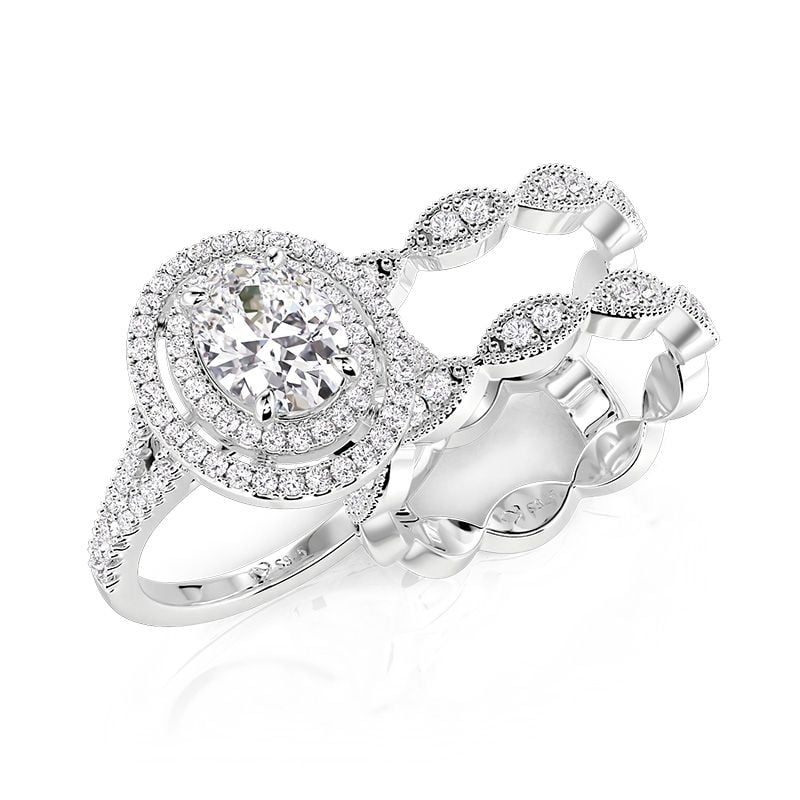 Vintage Twisted Oval Double Halo Bridal Set 2PCS
