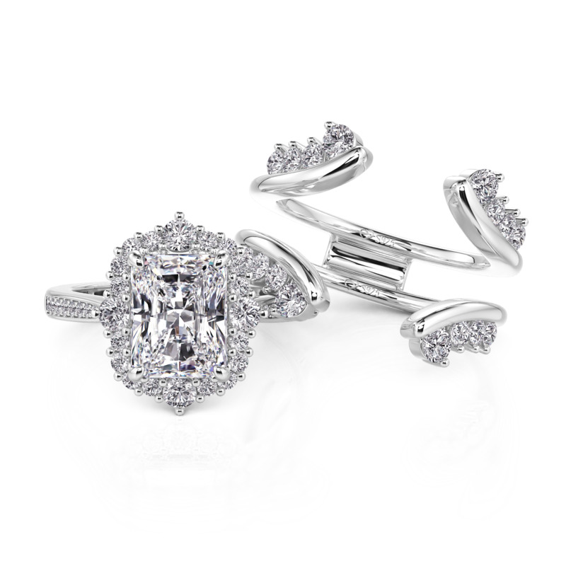 Juelvia Vintage Radiant Cut Halo Bridal Set Sterling Silver