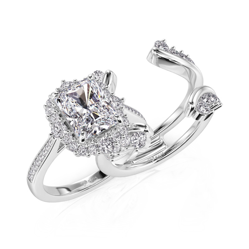 Juelvia Vintage Radiant Cut Halo Bridal Set Sterling Silver