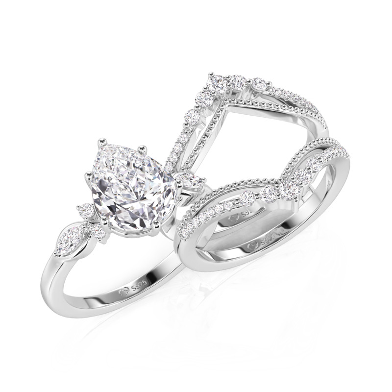 Vintage Pear Cut V-Shaped Bridal Set Sterling Silver