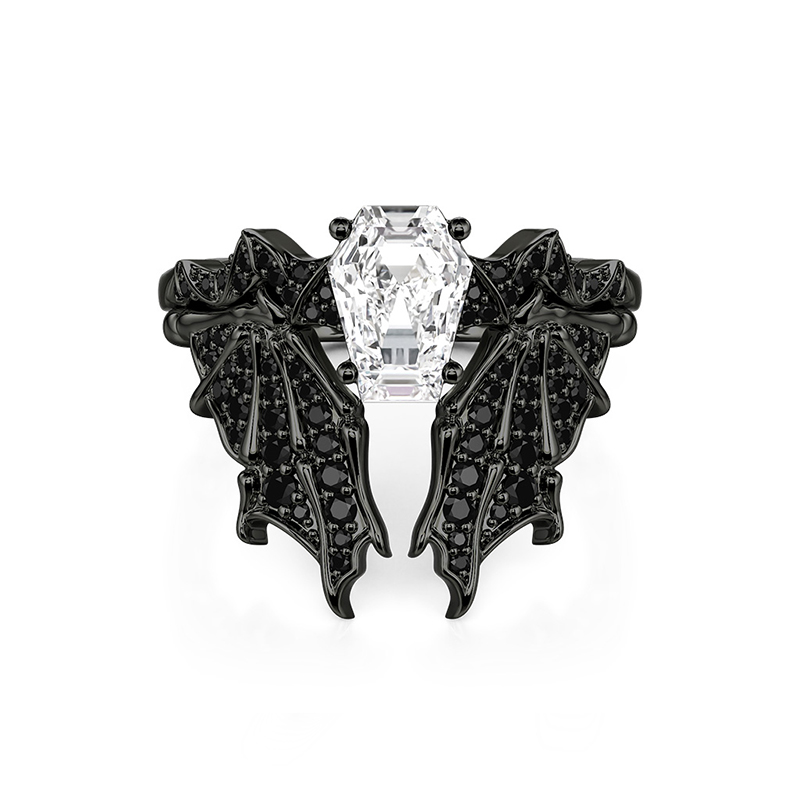 Gothic Black Bat Coffin Cut Engagement Ring Set