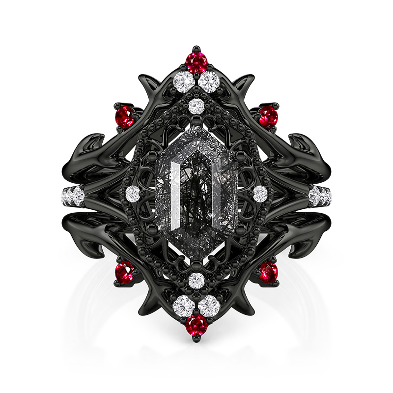 Gothic Thorn Hexagon Black Rutilated Quartz Bridal Set