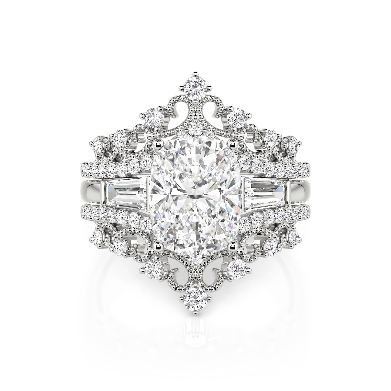 Vintage Crown Scrollwork Oval Engagement Ring Set