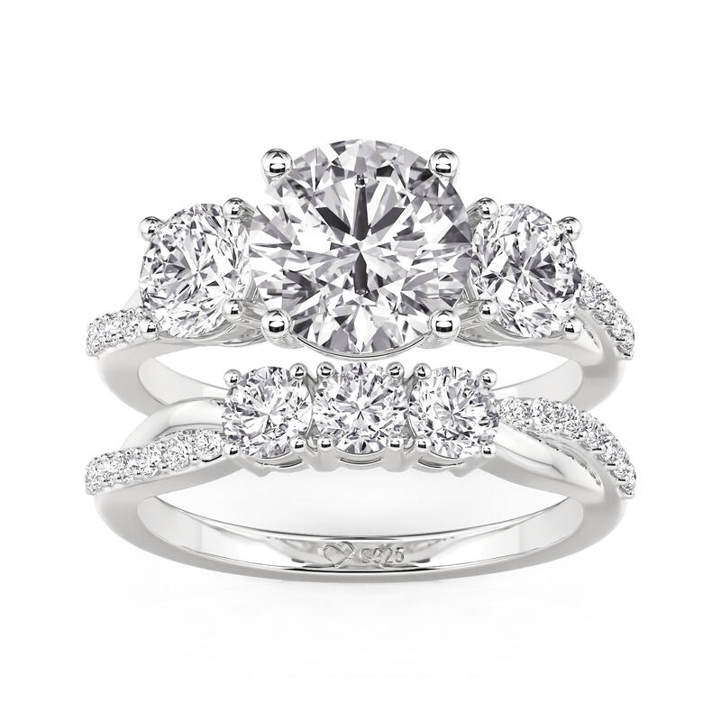 Three Stone Round Cut Twist Ring Set Sterling Silver
