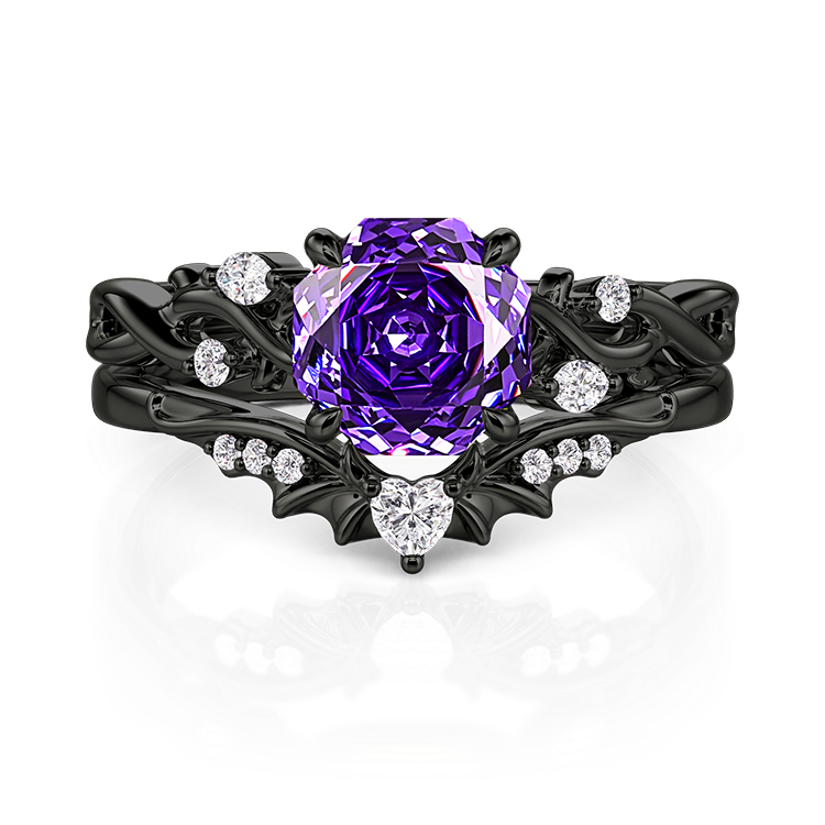 Black Thorn Purple Rose Cut Ring Set Sterling Silver