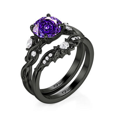 Juelvia Black Thorn Purple Rose Cut Ring Set Sterling Silver