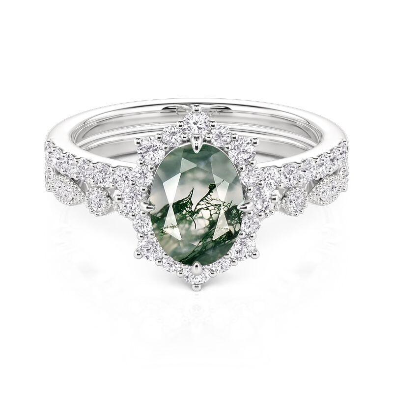 Oval Cut Halo Moss Agate Ring Set in Sterling Silver