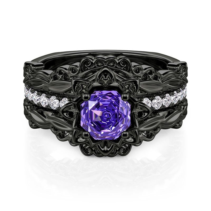 Octagon Rose Cut Black Floral Vine Ring Set 2PCS
