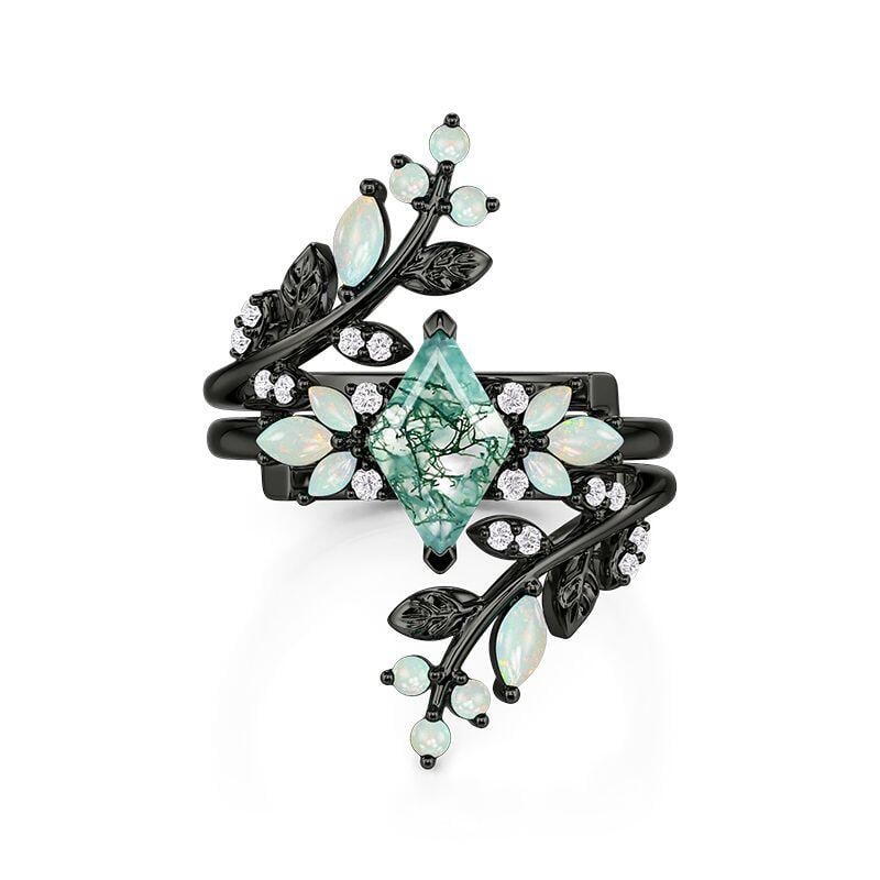 Leaf Bypass Rhombus Cut Moss Agate Opal Bridal Set 2PCS