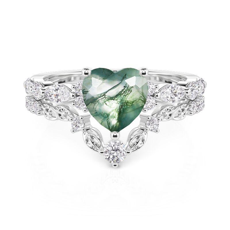 Leaf Vine Heart Moss Agate Engagement Ring Set 2PCS