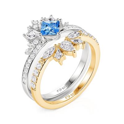 Juelvia Two Tone Princess Cut Crown Ring Set Sterling Silver