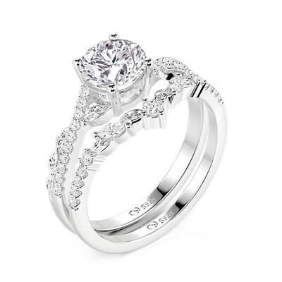 Juelvia Twist Leaf & Vine Round Cut Engagement Ring Set 2PCS