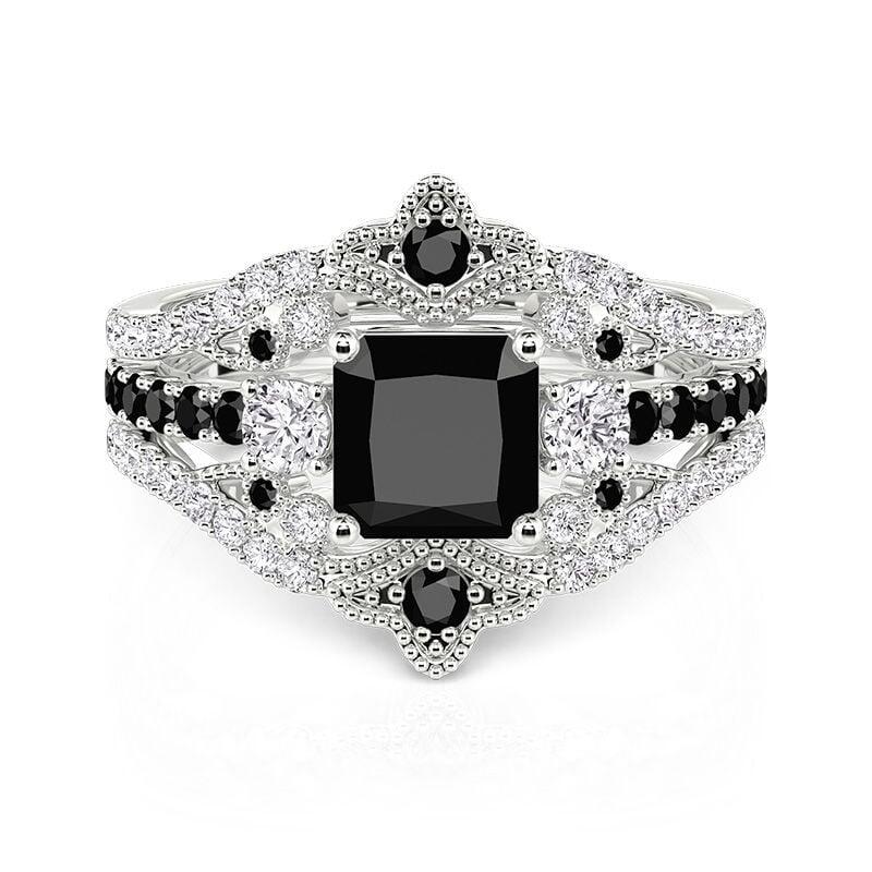 Crown Three Stone Black Princess Cut Bridal Set