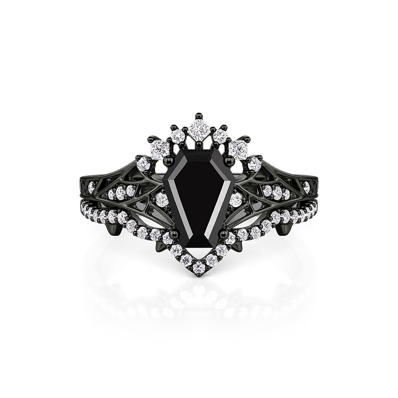 Gothic Bat Coffin Cut Black Bridal Ring Set 2PCS