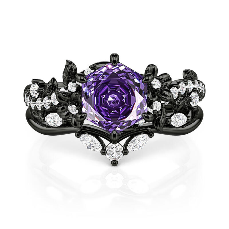 Black Vine Purple Rose Cut Engagement Ring Set