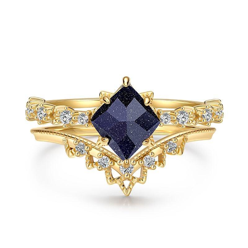Starburst Inspired Blue Sandstone Gold Bridal Set 2PCS