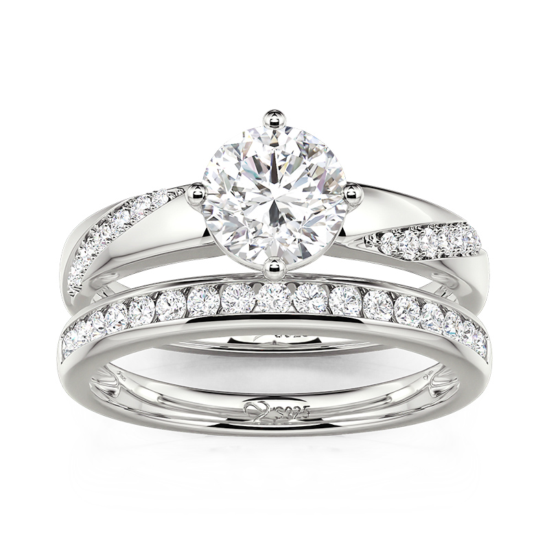 Juelvia Minimalist Diagonal Pave Round Cut Bridal Ring Set 2Pcs