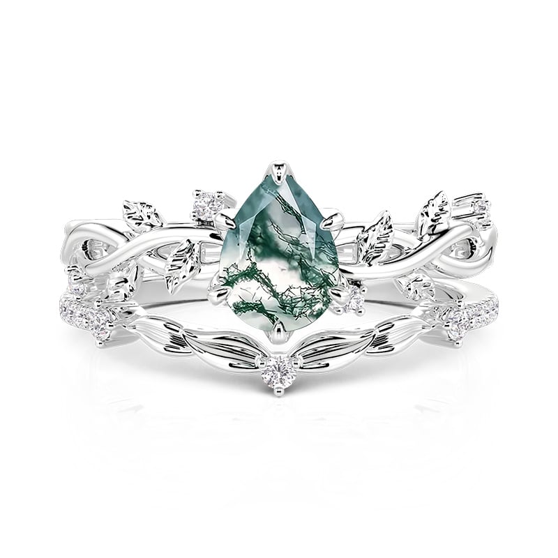 Twist Leaf Vine Pear Moss Agate Engagement Ring Set