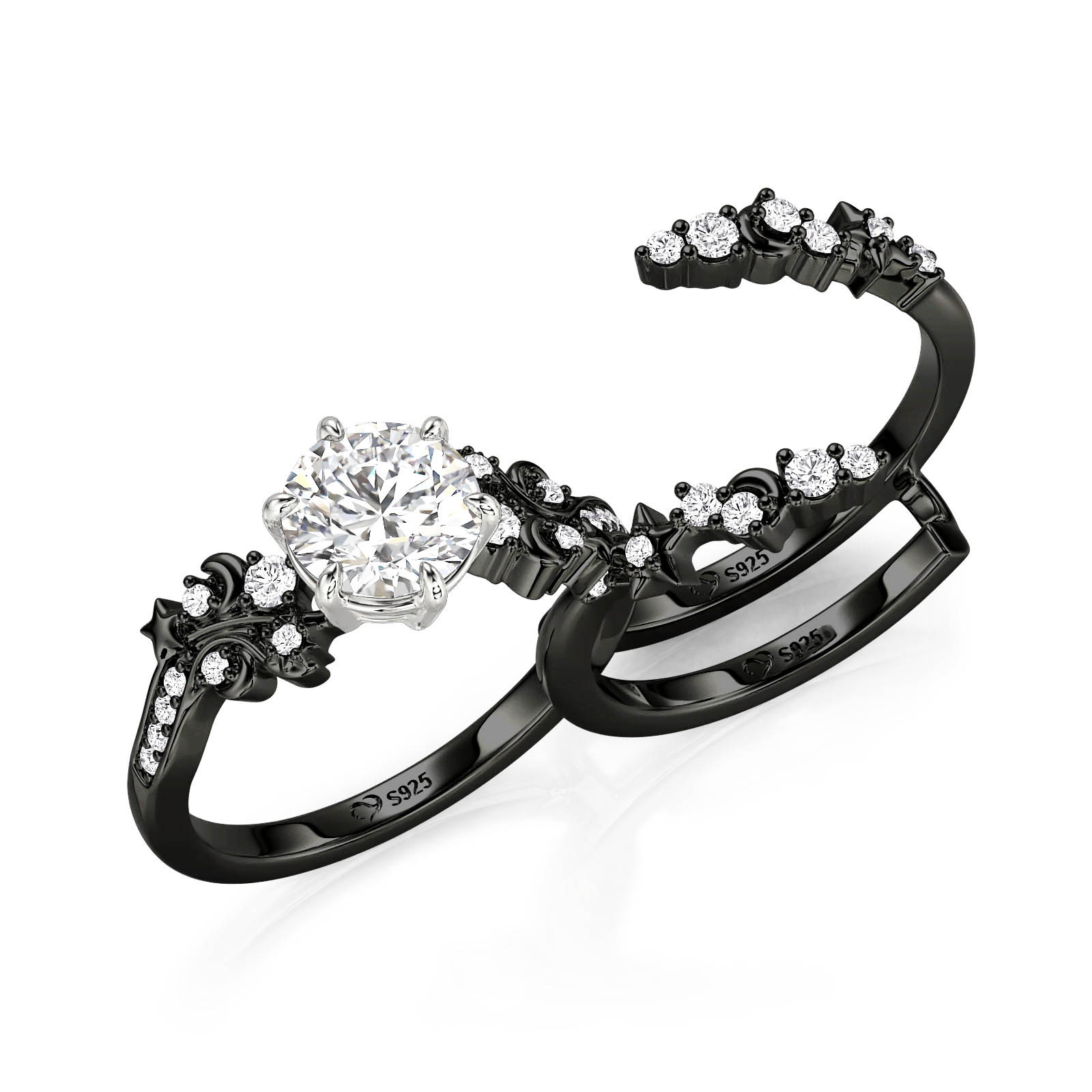 Juelvia Luna Astra Black Bypass Moon and Star Ring Set