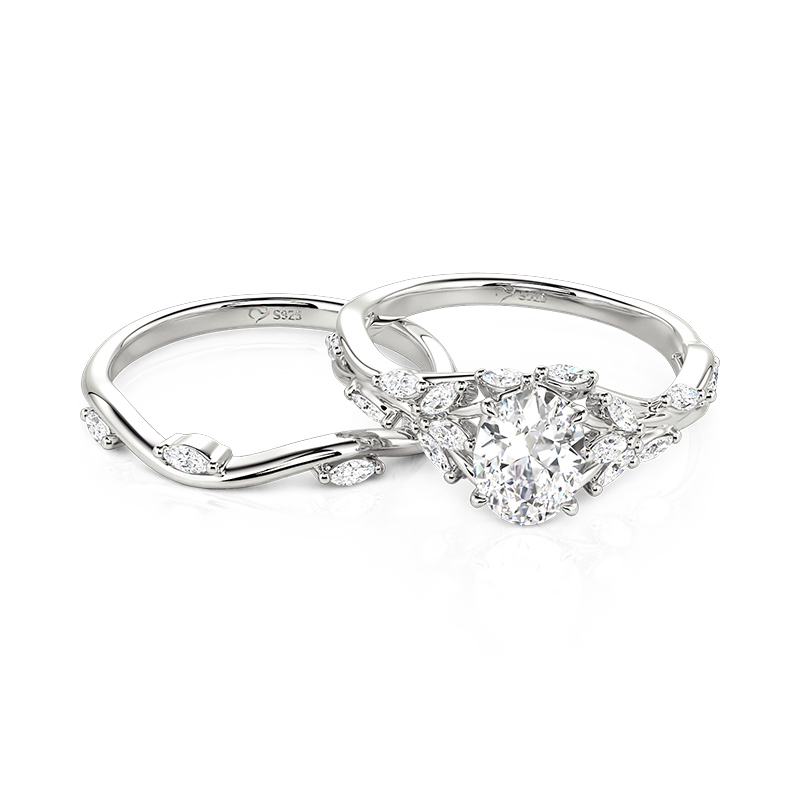 Juelvia Twisted Leaf Vine Oval Cut Engagement Ring Set