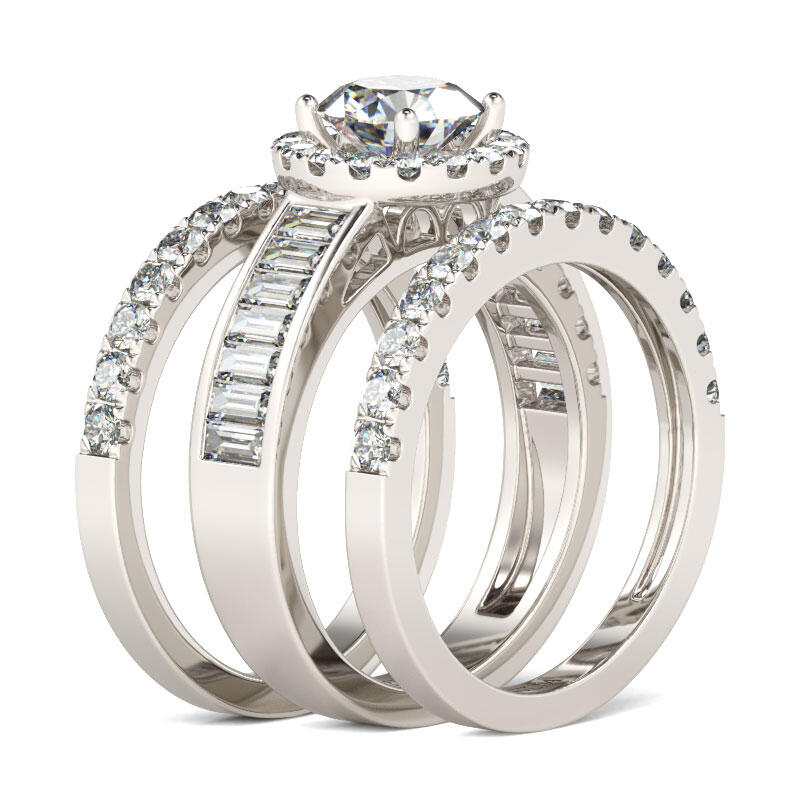Juelvia 3PC Halo Round Cut Sterling Silver Ring Set