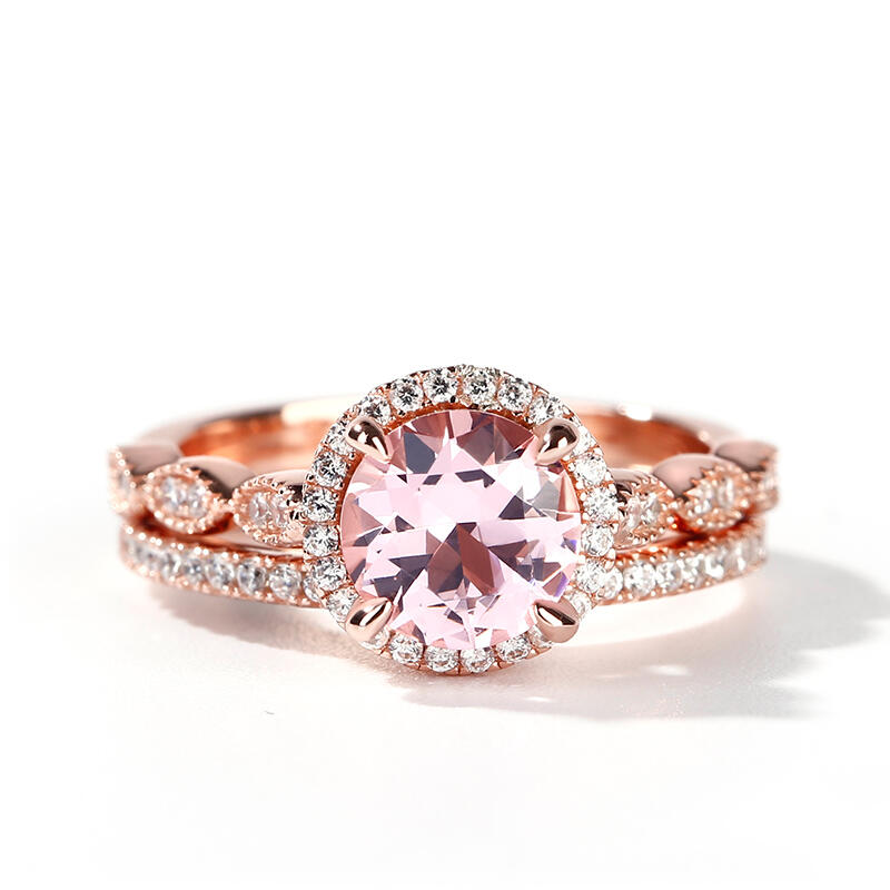 Halo Milgrain Round Cut Synthetic Morganite Sterling Silver Ring Set