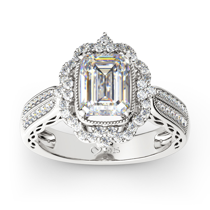 Vintage Halo Emerald Cut Sterling Silver Ring