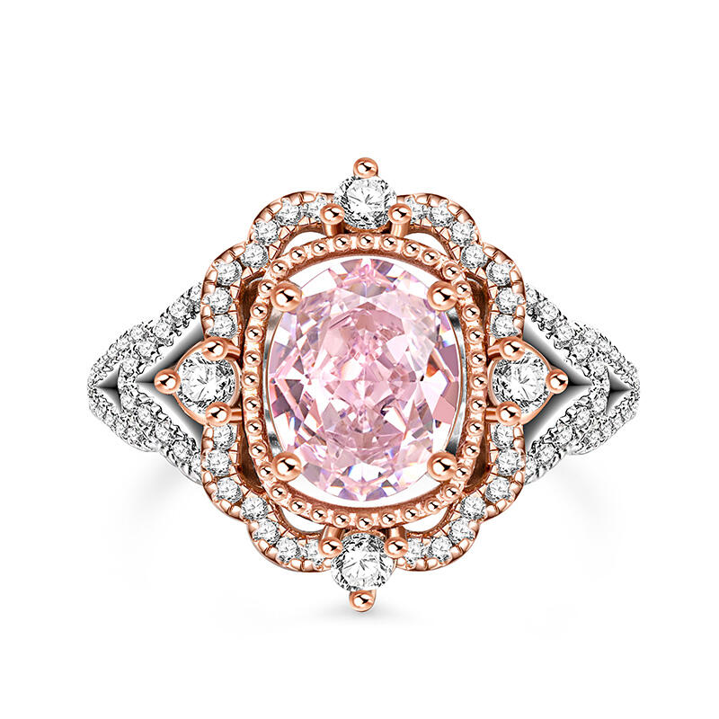 "Princess Aura" Two Tone Halo Oval Cut Synthetic Morganite Sterling Silver Ring