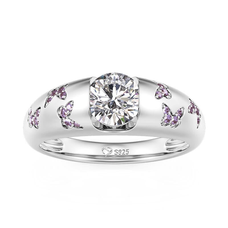 Pink Butterfly Engagement Ring Round Cut Sterling Silver