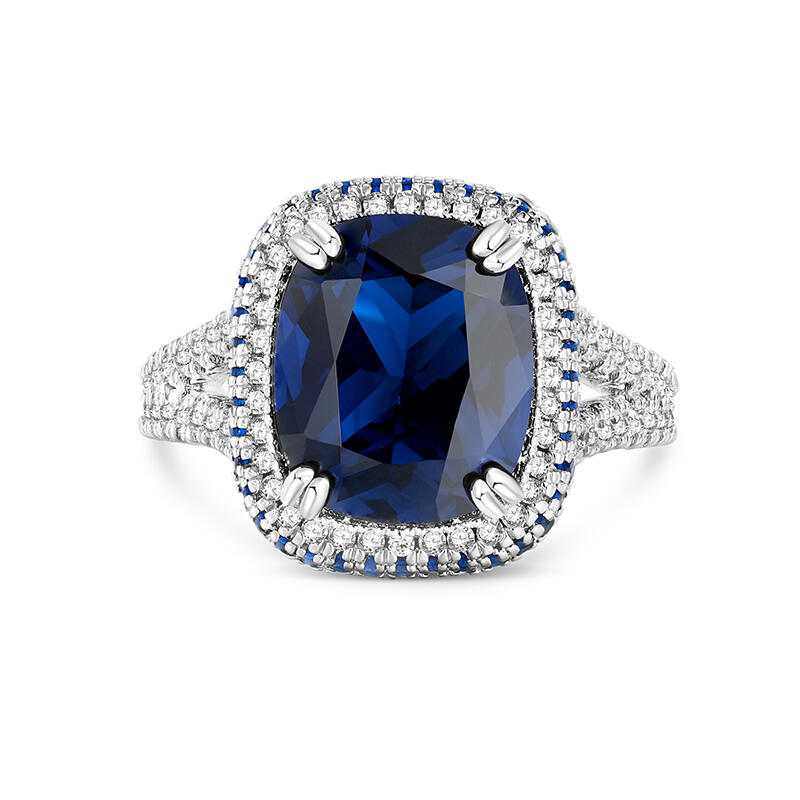 "Blue Fantasy" Side Halo Cushion Cut Sterling Silver Engagement Ring