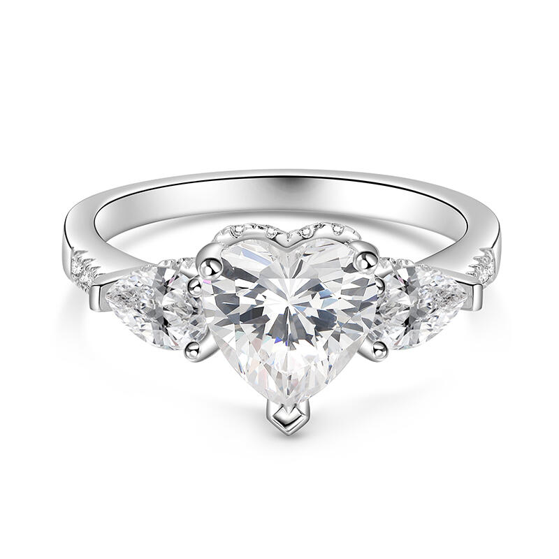 Simple Three Stone Heart Wedding Ring Sterling Silver