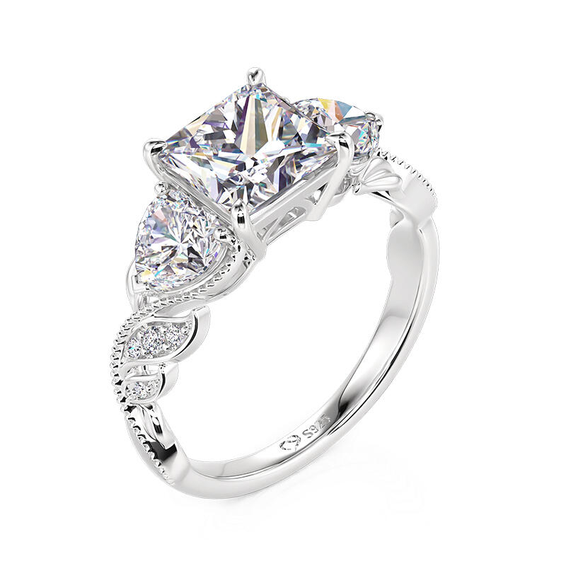 Twist Leaf Vine Heart Design Three Stone Engagement Ring