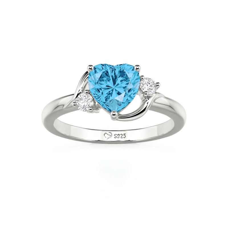 Juelvia Wave Design Three Stone Heart Promise Ring with Birthstone Sterling Silver