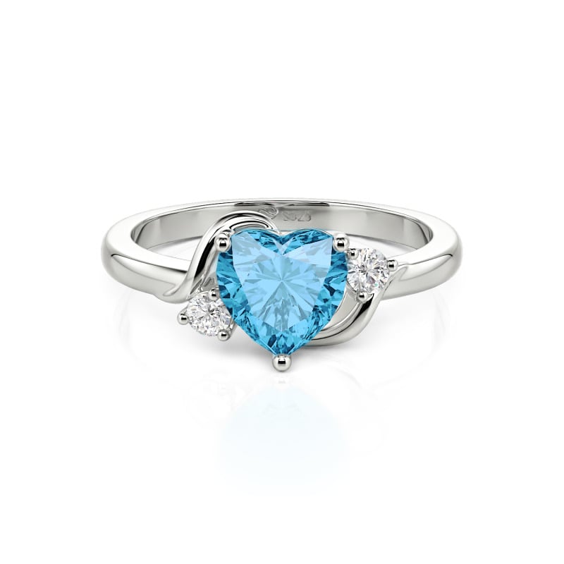 Wave Design Three Stone Heart Promise Ring with Birthstone Sterling Silver