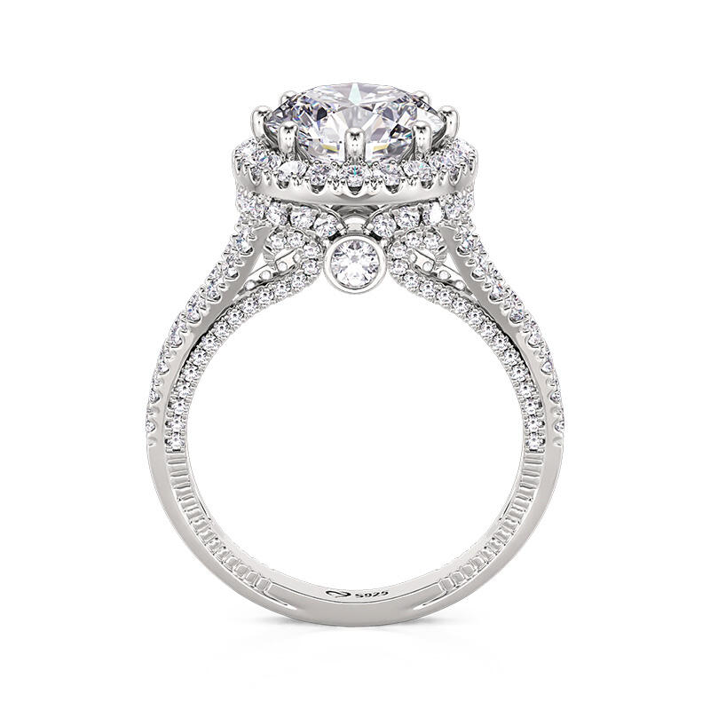 "Princess Skirt Hem" Halo Engagement Ring Sterling Silver