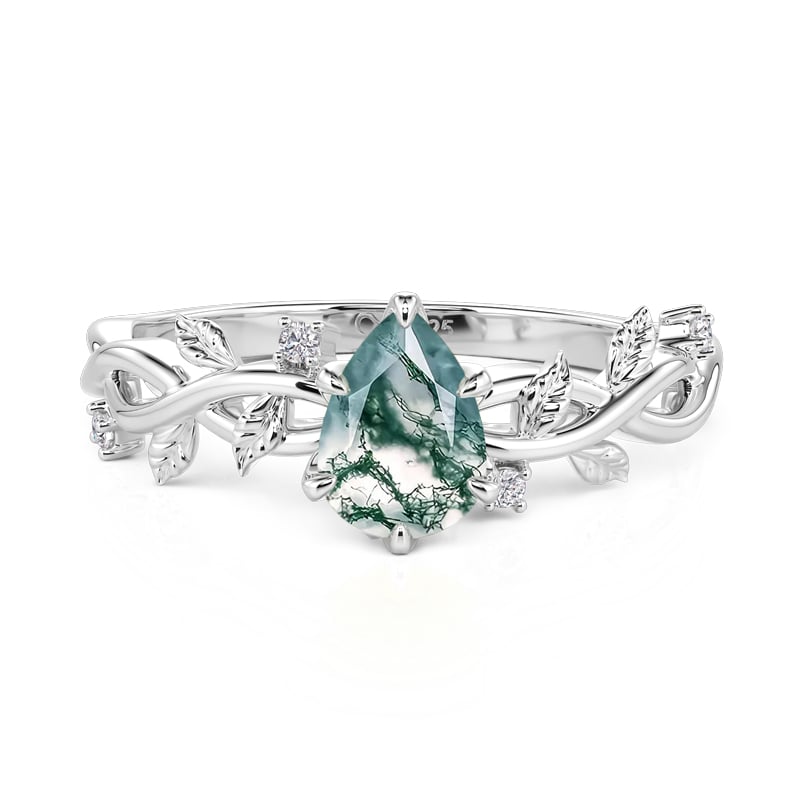 Pear Cut Moss Agate Engagement Ring with Vine Leaf