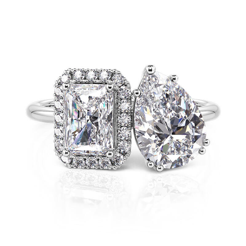 Toi et Moi Ring Two Stone Halo Emerald and Pear Cut