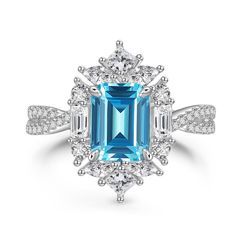 Twist Halo Emerald Cut Engagement Ring Sterling Silver