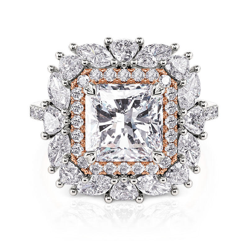 Irregular Double Halo Two Tone Engagement Ring Radiant Cut
